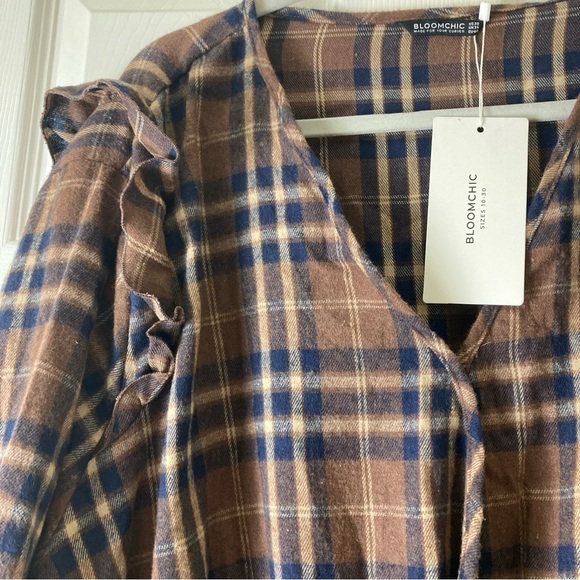 Bloomchic plaid blouse long sleeve brown Sz 30 Oversized - Picture 3 of 16